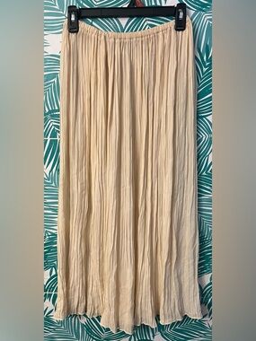Vintage Sue Wong crinkled pleated cream maxi skirt elastic waist 26 inch